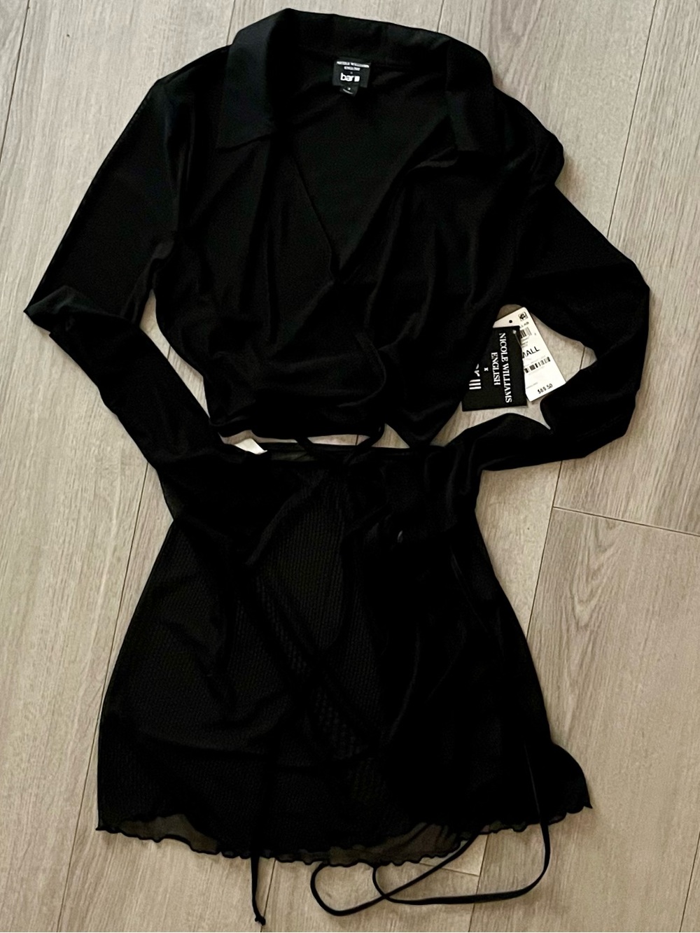 Black mesh Wrap-Front Long Sleeve top-swim skirt-wrap cover up Sm-Lg NWT